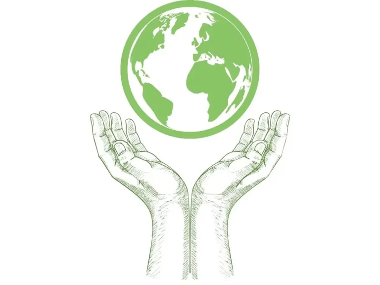 Graphic of a green Earth, held high by open hands