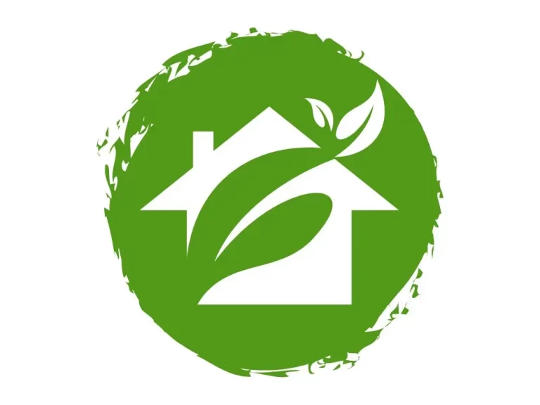 Graphic of a green building, including a leaf design. Represents eco-friendly actions