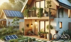 Image of a sustainable home, featuring renewable energy use, gardening and a sustainable travel option.