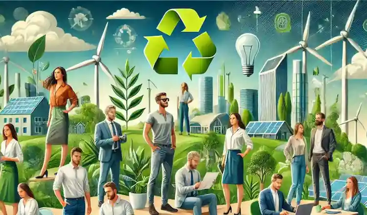 Image representing sustainability jobs, showing various people surrounded by renewable technologies and green imagery.