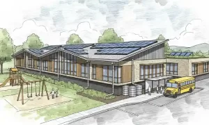 Image of a school building, designed with sustainability features.