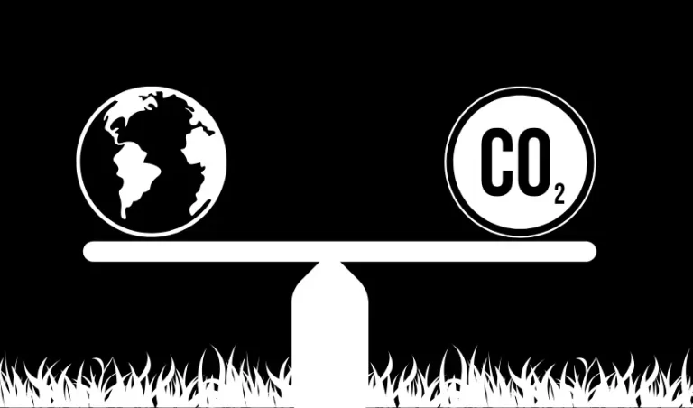 Graphic displaying the Earth balanced in a scale against carbon dioxide, representing carbon accounting.