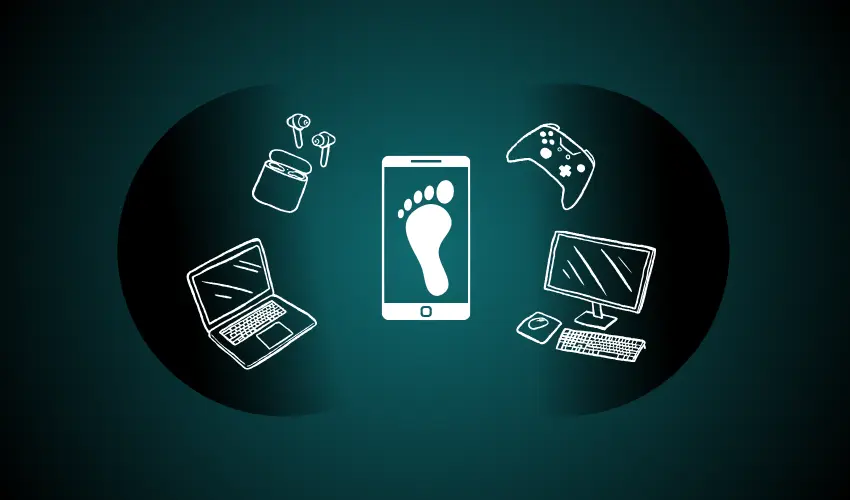 Graphic showing various digital gadgets, including a phone, laptop and computer, centered around a footprint. Representing a digital carbon footprint.