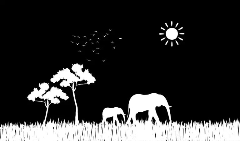 Graphic of a nature scene in silhouette. Elephants walking in sunlight.