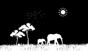 Graphic of a nature scene in silhouette. Elephants walking in sunlight.