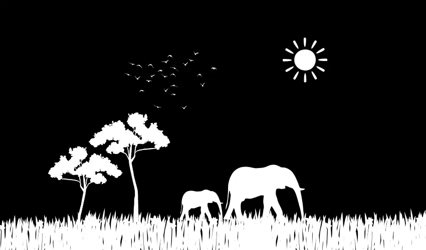 Graphic of a nature scene in silhouette. Elephants walking in sunlight.