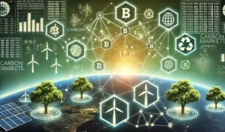 Image representing carbon markets and the role of blockchain , displaying various carbon emission related images linked together.