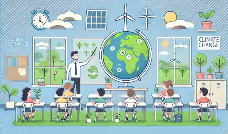 Cartoon style image displaying a scene of a teaching climate change in a school setting.