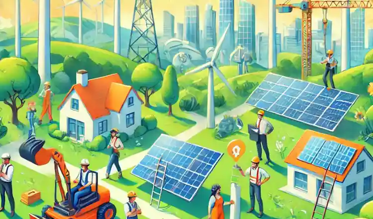 Cartoon style image representing renewable energy careers, with wind energy and solar energy visible in image.