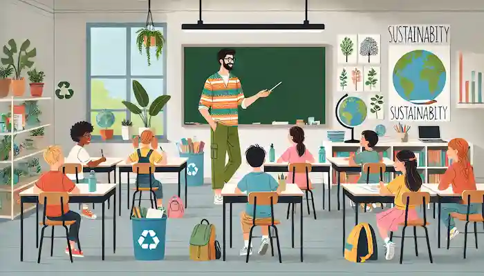 Digital Art Image displaying a classroom scene, with students being taught about Sustainability