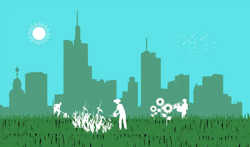 Farming scene, displaying silhouettes of people gardening against the backdrop of a city.