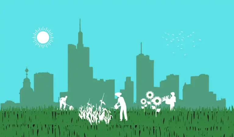 Urban farming scene, displaying silhouettes of people gardening against the backdrop of a city.