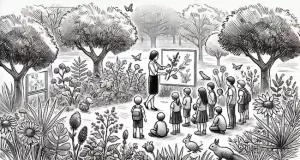 Sketch style image of nature education in a outdoor school project setting.