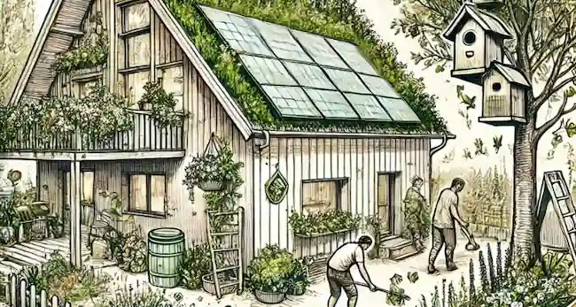 Sketch style image displaying a home adapted with nature positive improvements, including green rook, solar PV and native planting