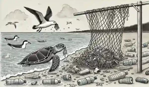 Sketch style image displaying plastic pollution impacting wildlife in a coastal area.