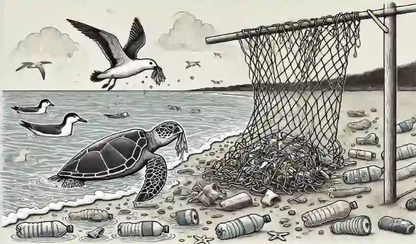 Sketch style image displaying plastic pollution impacting wildlife in a coastal area.