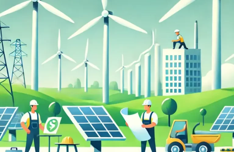 Cartoon style image representing renewable energy careers, with wind energy and solar energy visible in image.