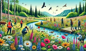 Digital art style image of people working to rewilding jobs