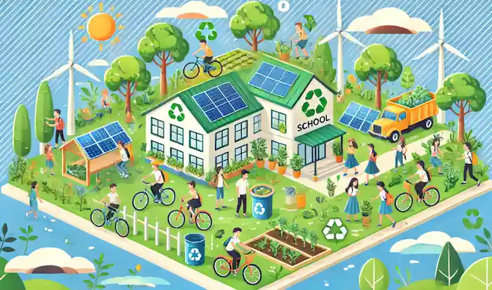 Cartoon style image representing a sustainable school, with various nature features included. 