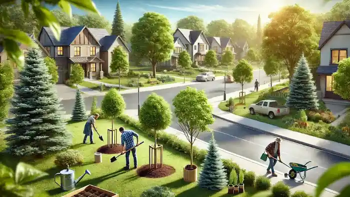 Image of an suburban setting, showing tree planting taking place, a key feature of green spaces to build climate resilience.