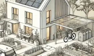 Sketch style digital art image, displaying a home with various low cost sustainability and energy efficiency features.