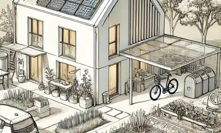 Sketch style digital art image, displaying a home with various low cost sustainability and energy efficiency features.