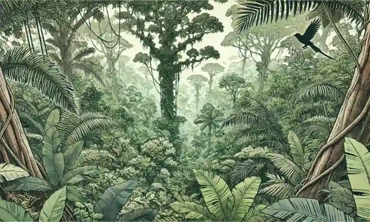 Sketch style digital art image of a rainforest interior, a key habitat for climate resilience