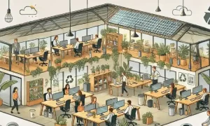 Digital art style image of a sustainable workplace, including visible planting, renewable energy and recycling practices.