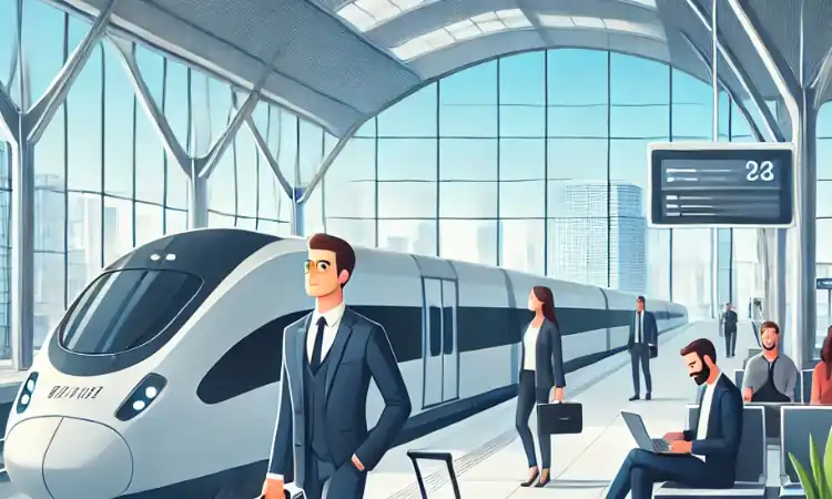 Cartoon style image of sustainable business travel by train