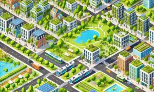 Cartoon style image depicting a climate resilient urban area. Green infrastructure and sustainable energy use features can be seen in use.