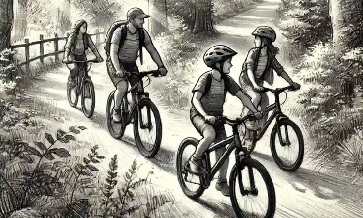 Sketch style digital art image of a family cycling in woodland. An example of a sustainable hobby.