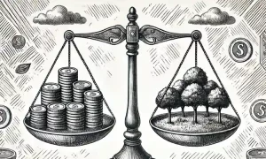 Sketch style image of scales, balancing coins on one side against trees on the other, representing economic sustainability.