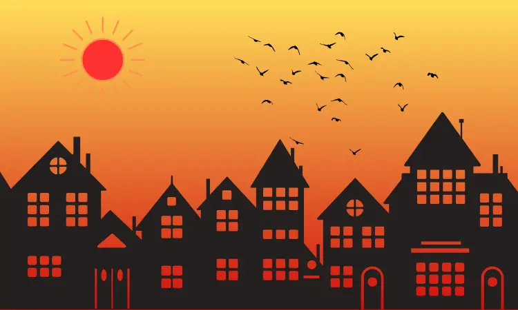 Image of a town in silhouette, with a reddened background and sun overhead, representing the effect of a heatwave on homes.