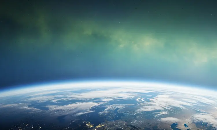 Image of Earth horizon from space, with climate features visible.