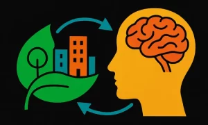 Image graphic displaying a head silhouette alongside a green building design. Arrows link the two, representing the concept of environmental psychology.