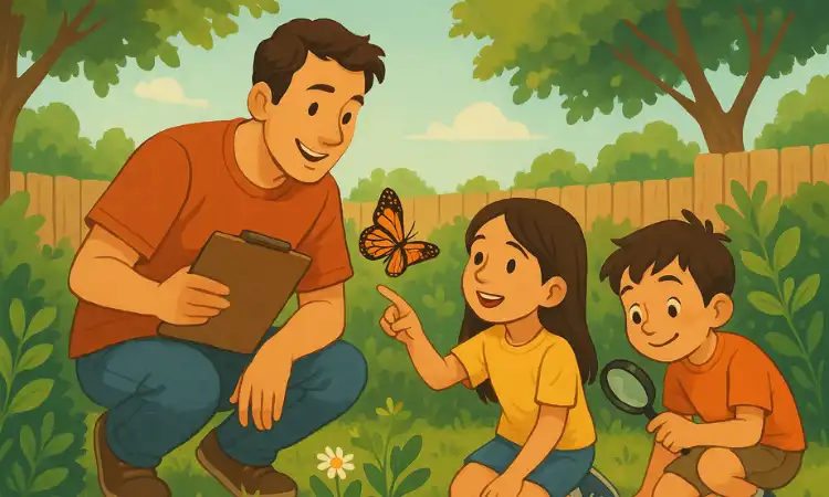 Image of a parent in a garden with their children, enjoying learning about nature together.