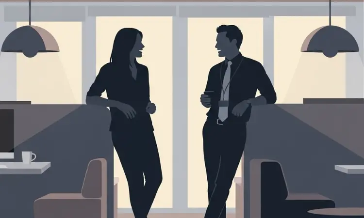 Image of two people having a friendly talk about sustainability, set in a relaxing workplace scene.