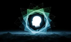 Image graphic displaying a head in silhouette, surrounded by a green and blue pattern, representing climate anxiety.