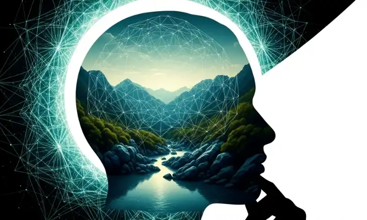 Image graphic displaying a face in silhouette, overlayed with an image of a natural landscape, representing climate anxiety.
