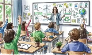 Image of a classroom setting, with students being taught about climate change.