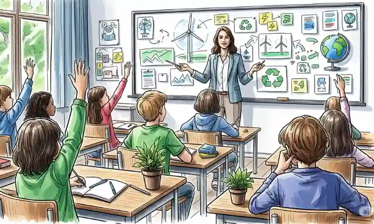 Image of a classroom setting, with students being taught about climate change.