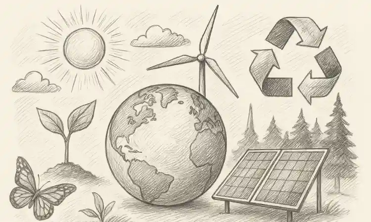 Sketch style image representing environmental sustainability. The image includes representations of the Earth, renewable energy and nature.