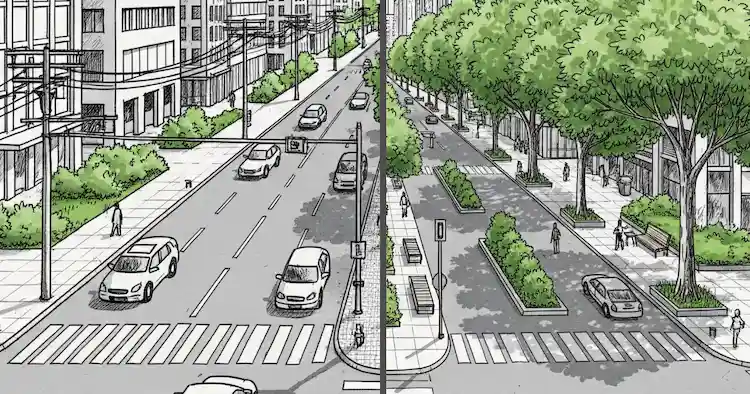 Sketch style image showing contrasting urban designs. On the left, a standard urban design featuring very little nature is displayed. On the right a version of the same area but with several natural features included.