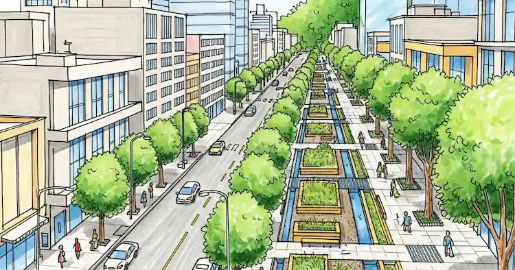 Sketch style image of a sustainable city design, feature various nature components.