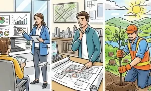 Drawn sketch style image depicting various sustainability role role scenes.