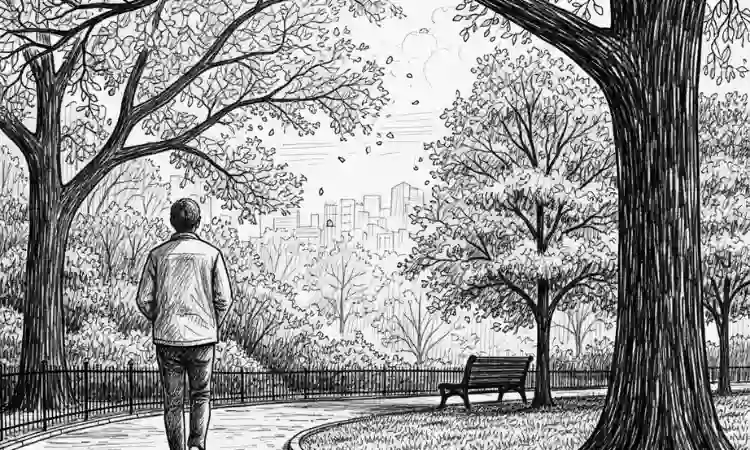 Sketch style image of a person walking in an urban park, with trees visible.