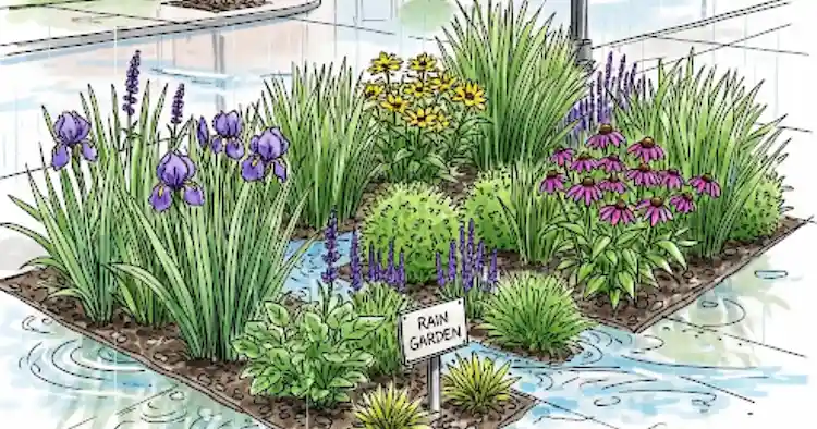 Sketch style image of an urban rain garden.