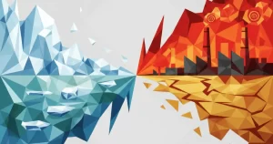Geometric style image representing opposing aspects of net zero, with polluting industry representing in red, clashing with an arctic environment in blue.