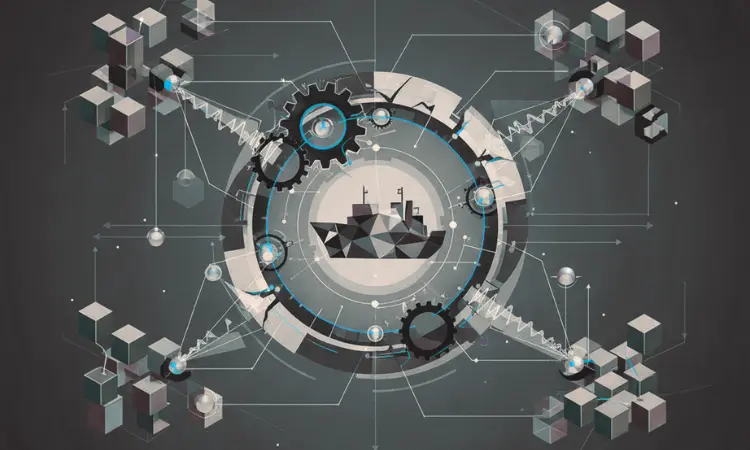Geometric style image, displaying a ship in centre view, surrounded by representations of operational process.