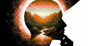 Image of head in silhouette, in thought. Set against the backdrop of a natural landscape.